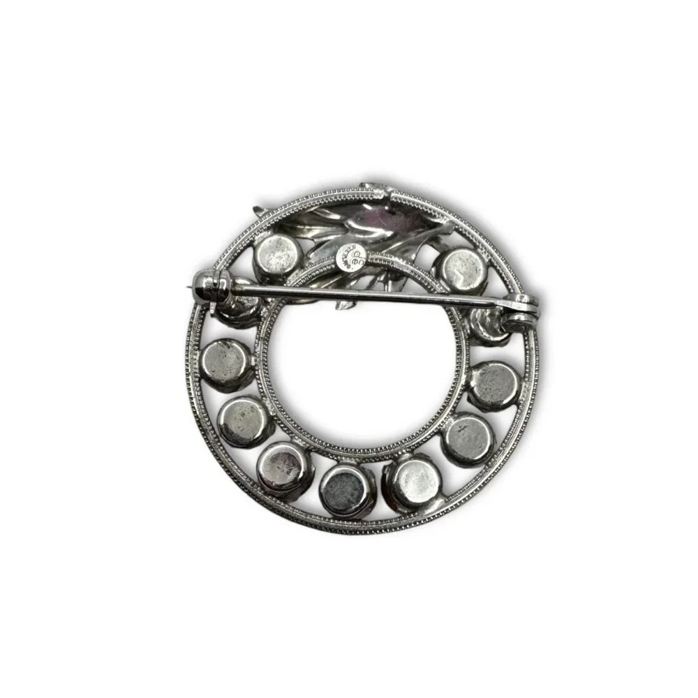 Vintage Curtis Designs Rhinestone Circle Brooch Multicolor Stones Silver-Tone